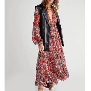 Free People Cassis Printed Chiffon Dress- Cherry Combo